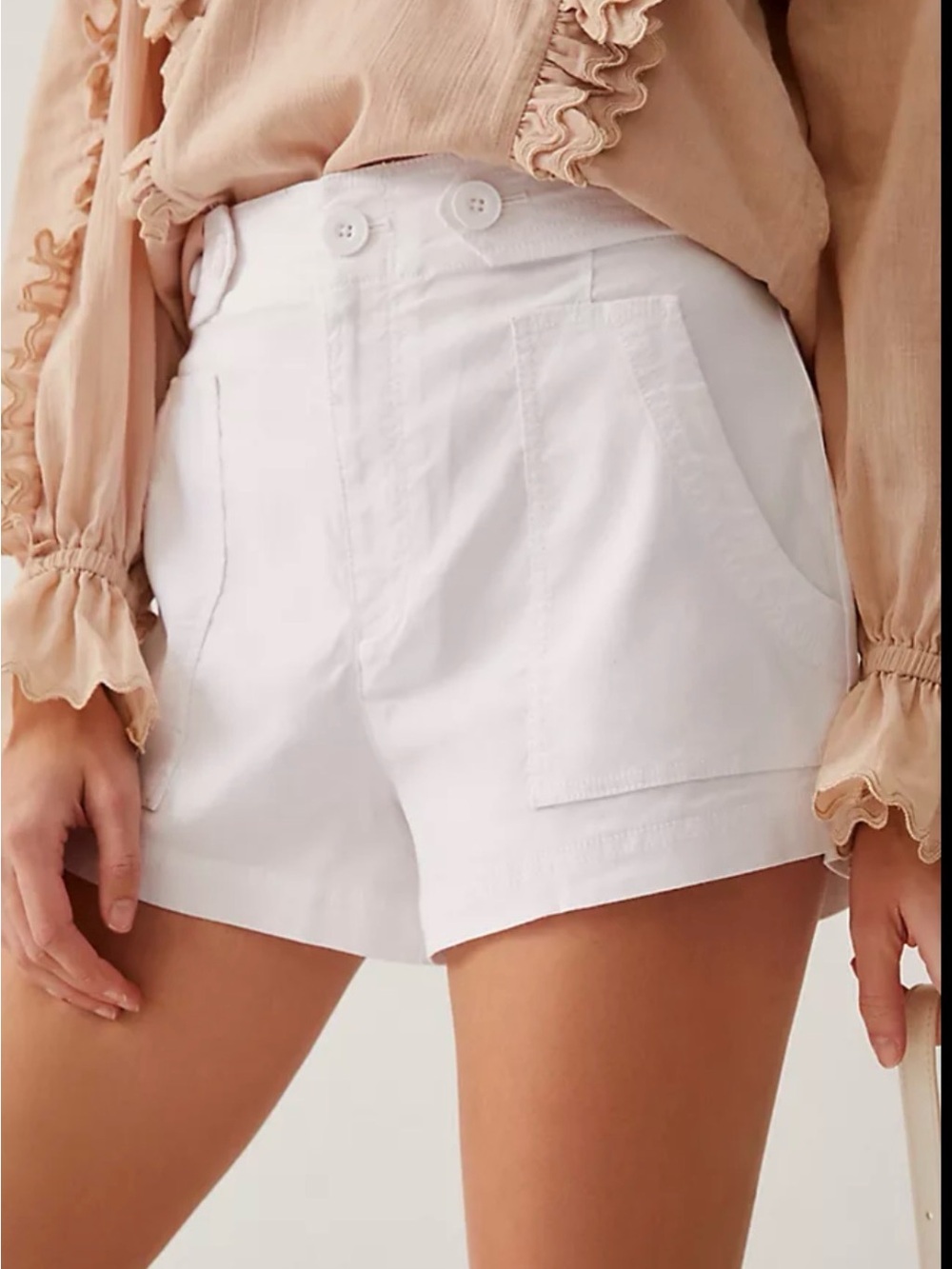 Maeve White High-Waist Button-Front Patch Pocket Shorts
